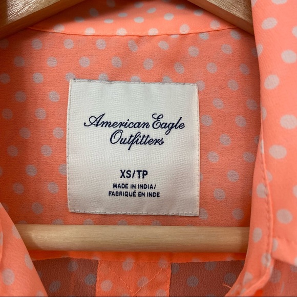 🌈5/$25 BUNDLE! 🦅AEO American Eagle Outfitters neon coral polkadot sheer blouse - Picture 6 of 8